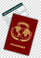 International Passport and Covid-19 Vaccination card isolated on transparent background. Mock Up Template. Vector illustration.