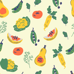 Vegetable Seamless pattern. Healthy nutrition cartoon texture. Tomato, daikon, cabbage, dill, lettuce, pumpkin, peas. Kitchen textile, vegan background. Hand draw Organic food vector illustrations.