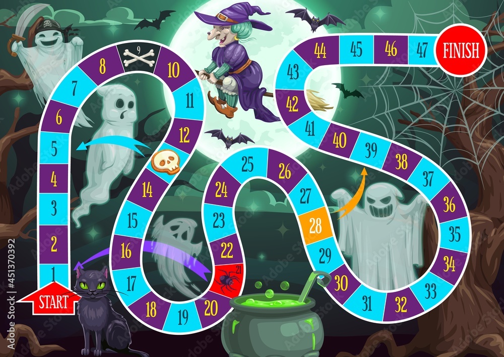 Poster kids step path vector board game with halloween characters and block path. boardgame with numbers, s