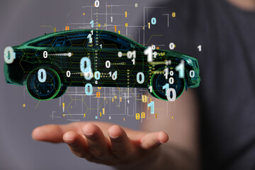 Man holding and touching holographic smart car