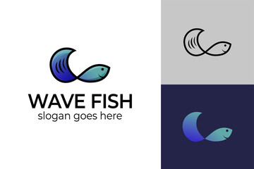 fresh fish in sea with wave symbol for decorative fish or seafood restaurant logo template
