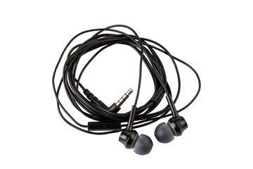 Black wired headphones on a white background. Audio headset isolated on white background.