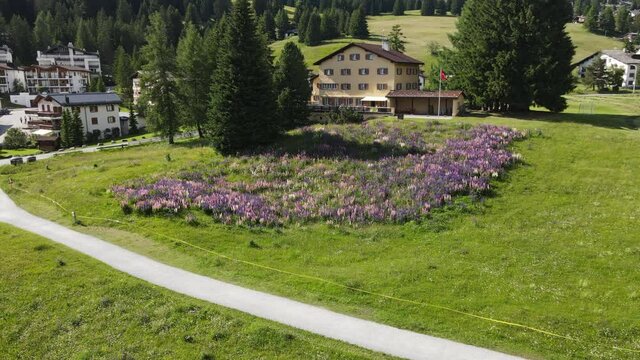 Drone view of a house at Valbella on the Swiss alps