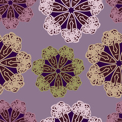 Vector seamless colorful design pattern botanical cute spring herbs and flowers in dark purple tones