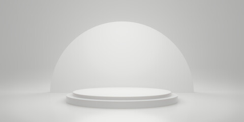 Blank white gradient background with circle product display platform. Empty studio with podium pedestal on a white backdrop. 3D rendering