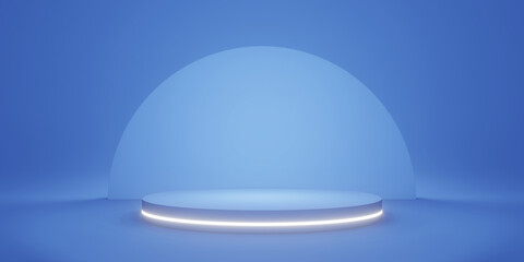 Blank blue gradient background with circle glowing product display platform. Empty studio with podium pedestal on a blue backdrop. 3D rendering