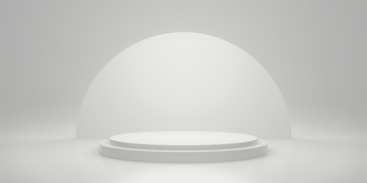 Blank white gradient background with circle product display platform. Empty studio with podium pedestal on a white backdrop. 3D rendering © ptgregus
