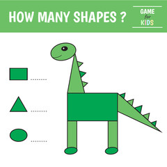 Educational game for kids. Dinosaur of geometric shapes. Count  ovals, triangles and rectangles. Preschool worksheet activity. Vector illustration