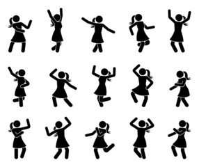 Fototapeta na wymiar Happy stick figure woman dancing hands up different poses vector icon set. Stickman girl enjoying, jumping, having fun, party silhouette pictogram on white background
