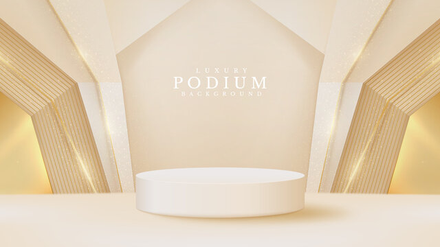 White podium display product and sparkle golden line scene, Realistic 3d luxury style background, vector illustration for promoting sales and marketing.