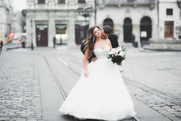 Naklejka premium Perfect couple bride, groom posing and kissing in their wedding day