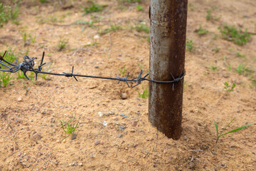 Barbed wire on sand background