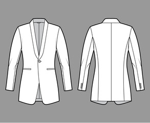 Dinner fitted jacket suit tuxedo technical fashion illustration with single breasted, long sleeves, jetted pockets. Flat coat blazer template front, back, white color style. Women unisex CAD mockup