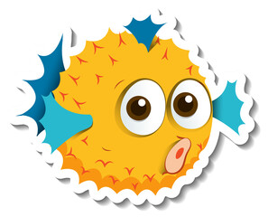 Sticker template with a puffer fish cartoon character isolated