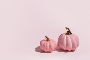 Two decorative ceramic pumpkins on pink background in hard light with copy space. - 451375923