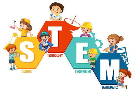 STEM education logo with many kids cartoon character on white background