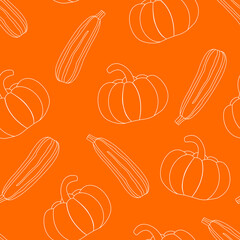 Pumpkin and zucchini seamless pattern. Outline of autumn vegetables on an orange background. Pumpkin vector illustration. Design for kitchen, holiday, packaging.