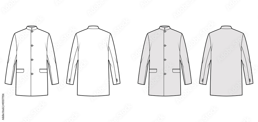 Wall mural Nehru jacket technical fashion illustration with oversized, stand collar, flap pockets, oversized, long sleeves. Flat coat apparel template front, back, white, grey color style. Women, men CAD mockup - Wall murals