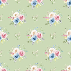 Fototapeta na wymiar Seamless pattern with watercolor flowers blue and pink roses, repeat floral texture, background hand drawing. Perfectly for wrapping paper, wallpaper, fabric, texture and other printing.