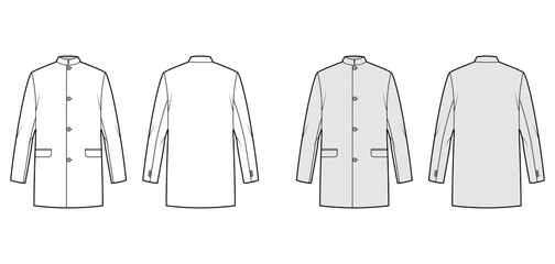 Nehru jacket technical fashion illustration with oversized, stand collar, flap pockets, oversized, long sleeves. Flat coat apparel template front, back, white, grey color style. Women, men CAD mockup © Vectoressa