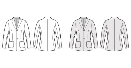 Blazer fitted jacket suit technical fashion illustration with single breasted, notched lapel collar, patch pockets, hip length. Flat coat template front, back, white, grey color. Women, men CAD mockup