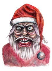 Angry Santa Claus drawing. Watercolor on a white background. A character with an abnormal and strange look, smiling. In red clothes and a hat. Multi-colored bright colors.
