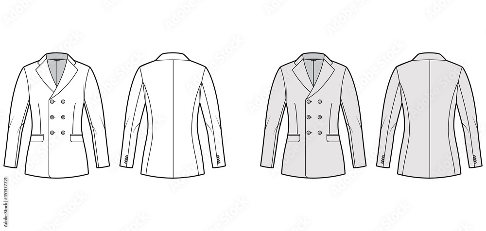 Sticker Fitted jacket suit technical fashion illustration with double breasted, notched lapel collar, flap pockets, hip length. Flat Blazer coat template front, back, white, grey color. Women, men CAD mockup