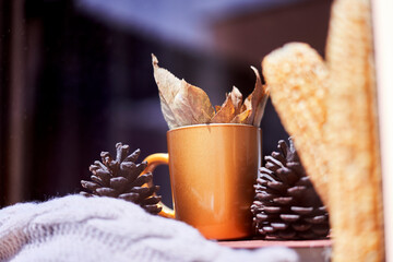 Corns, autumn leaves, pine cones and coffee cup on windowsill. Creative autumnal background near the windows in a sunny autumn day