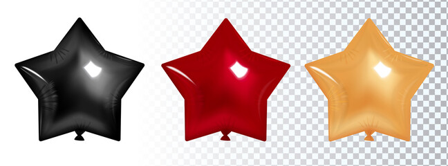Set of 3d star balloons. Black red and gold. Isolated vector illustration.