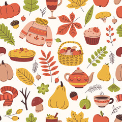 Autumn seamless pattern with cute flat elements.