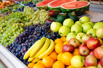 Tasty and colorful assortment of fresh fruit in a grocery store