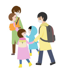 災害に備えて避難を始める若い家族（マスク）
