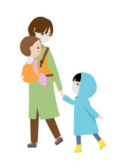手をつないで仲良く出かけるお母さんと子供たち（マスク）
