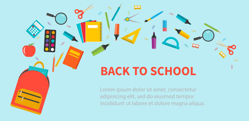 Back to school background with flying school supplies set, vector illustration. For banner, flyer, ad