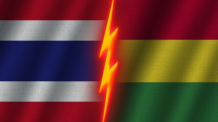 Bolivia and Thailand Flags Together, Wavy Fabric Texture Effect, Neon Glow Effect, Shining Thunder Icon, Crisis Concept, 3D Illustration