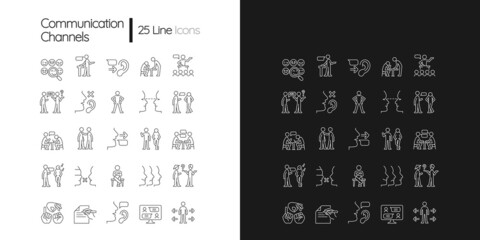 Communication channel linear icons set for dark and light mode. Body language. Language barriers. Eye contact. Customizable thin line symbols. Isolated vector outline illustrations. Editable stroke