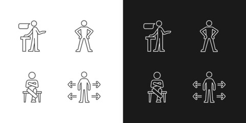 Communication skills linear icons set for dark and light mode. Confident speaking. Confidence body language. Customizable thin line symbols. Isolated vector outline illustrations. Editable stroke