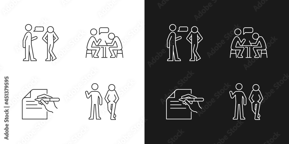 Canvas Prints Understanding in communication linear icons set for dark and light mode. Nonverbal signal. Attitudinal barriers. Customizable thin line symbols. Isolated vector outline illustrations. Editable stroke