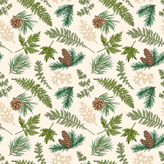 Seamless botanical pattern with fir and pine branches, cones, fern and leaves.  Colorful.