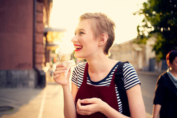 cheerful woman outdoors ice cream fresh air lifestyle