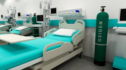 Hospital room with beds .Empty bed  and wheelchair in nursing  a clinic or hospital .3d rendering room and comfortable sofa.Modern hospital,health care concept.