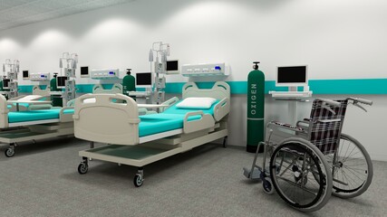 Hospital room with beds .Empty bed  and wheelchair in nursing  a clinic or hospital .3d rendering room and comfortable sofa.Modern hospital,health care concept.