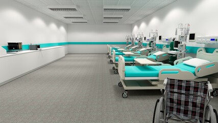 Hospital room with beds .Empty bed  and wheelchair in nursing  a clinic or hospital .3d rendering room and comfortable sofa.Modern hospital,health care concept.