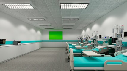 Naklejka na ściany i meble Hospital room with beds .Empty bed and wheelchair in nursing a clinic or hospital .3d rendering room and comfortable sofa.Modern hospital,health care concept.