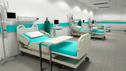 Hospital room with beds .Empty bed  and wheelchair in nursing  a clinic or hospital .3d rendering room and comfortable sofa.Modern hospital,health care concept.