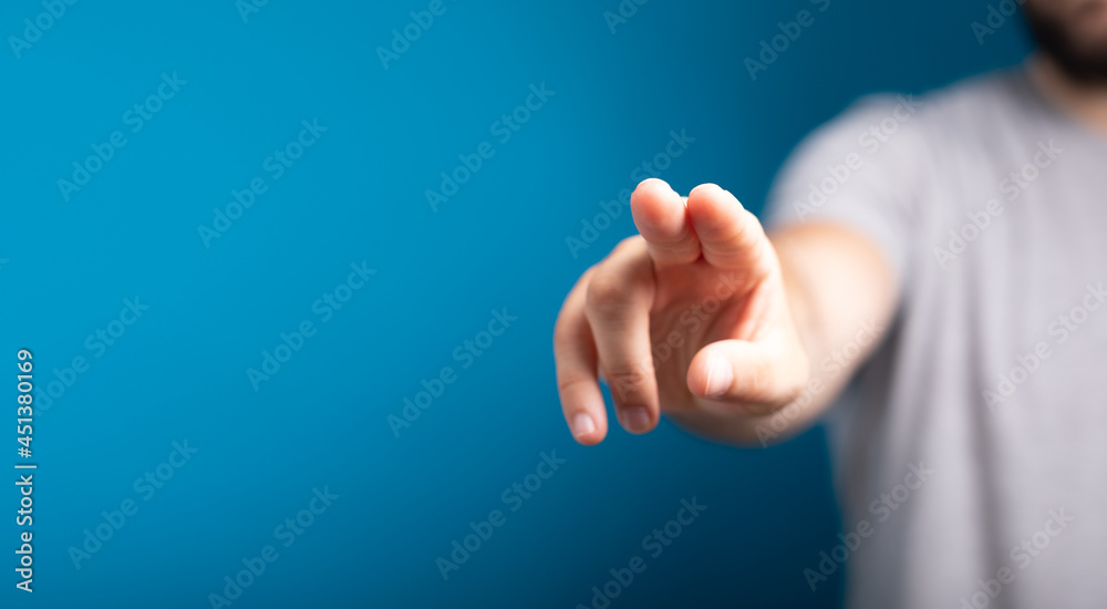 Poster Businessman pointing or touching finger in screen..