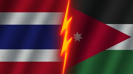 Jordan and Thailand Flags Together, Wavy Fabric Texture Effect, Neon Glow Effect, Shining Thunder Icon, Crisis Concept, 3D Illustration