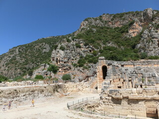 Scenic view of rock tombs of Tlos an ancient ruined Lycian hilltop citadel near the resort town of Fethiye