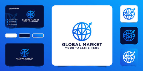 globe trading line with arrows and business cards