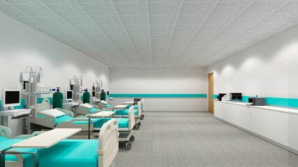 Hospital room with beds .Empty bed  and wheelchair in nursing  a clinic or hospital .3d rendering room and comfortable sofa.Modern hospital,health care concept.